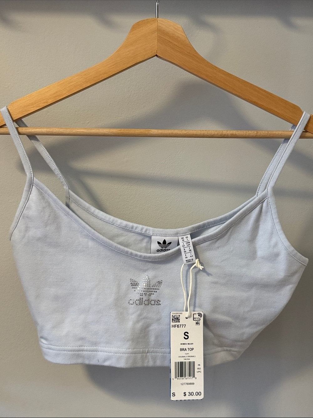 adidas Pale Blue Rhinestone Trefoil Crop Top